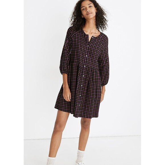 Madewell Dresses & Skirts - Madewell Plaid Flannel Raglan Button-Front Shirtdress Mini‎ Dress Black Pink 4